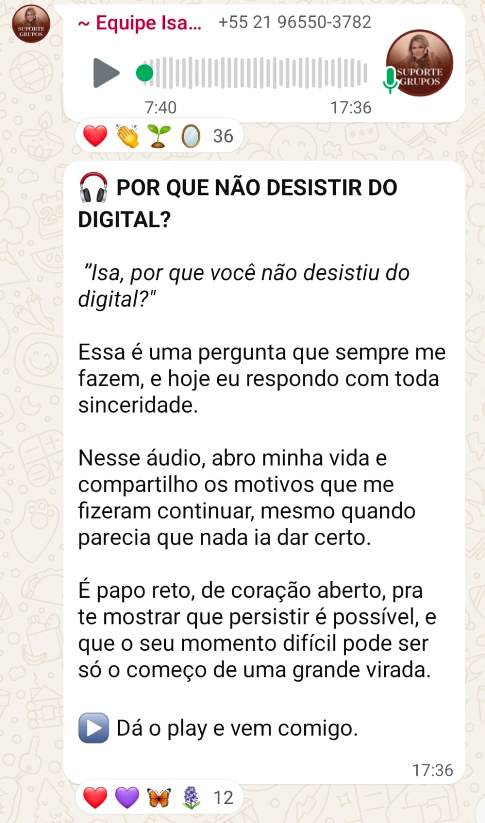 Prévia de áudio enviado no grupo exclusivo de alunas