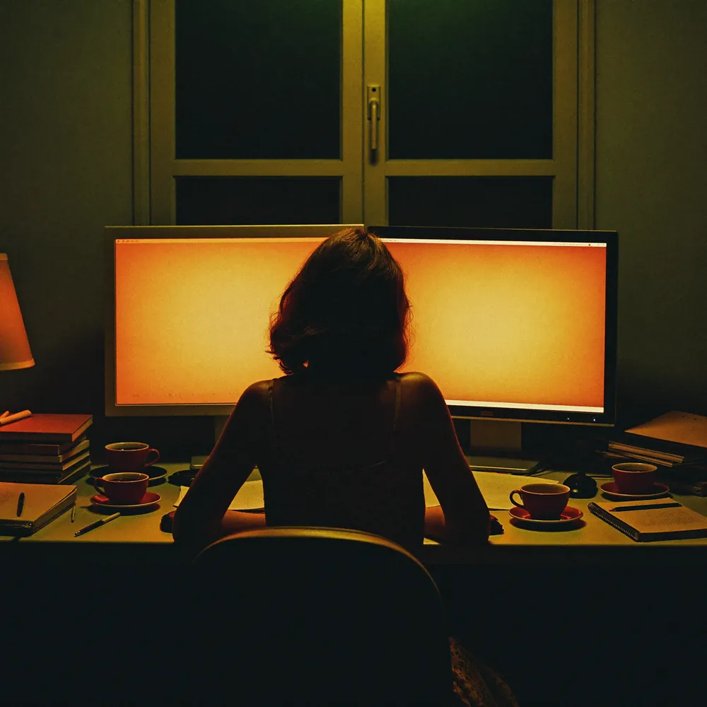 Mulher em frente a dois monitores estudando à noite